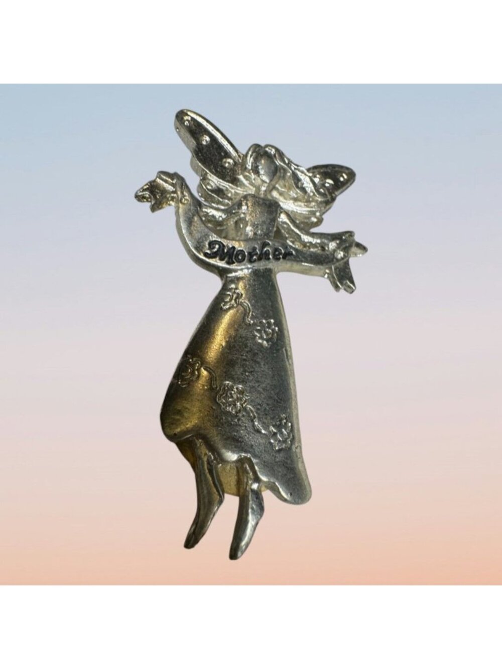 Mother Angel Silver Tone Brooch With Floral Details & Pin Back